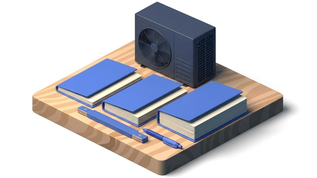 Illustration: three quote folders of different thicknesses, a folding rule and a pen in front of a heat pump