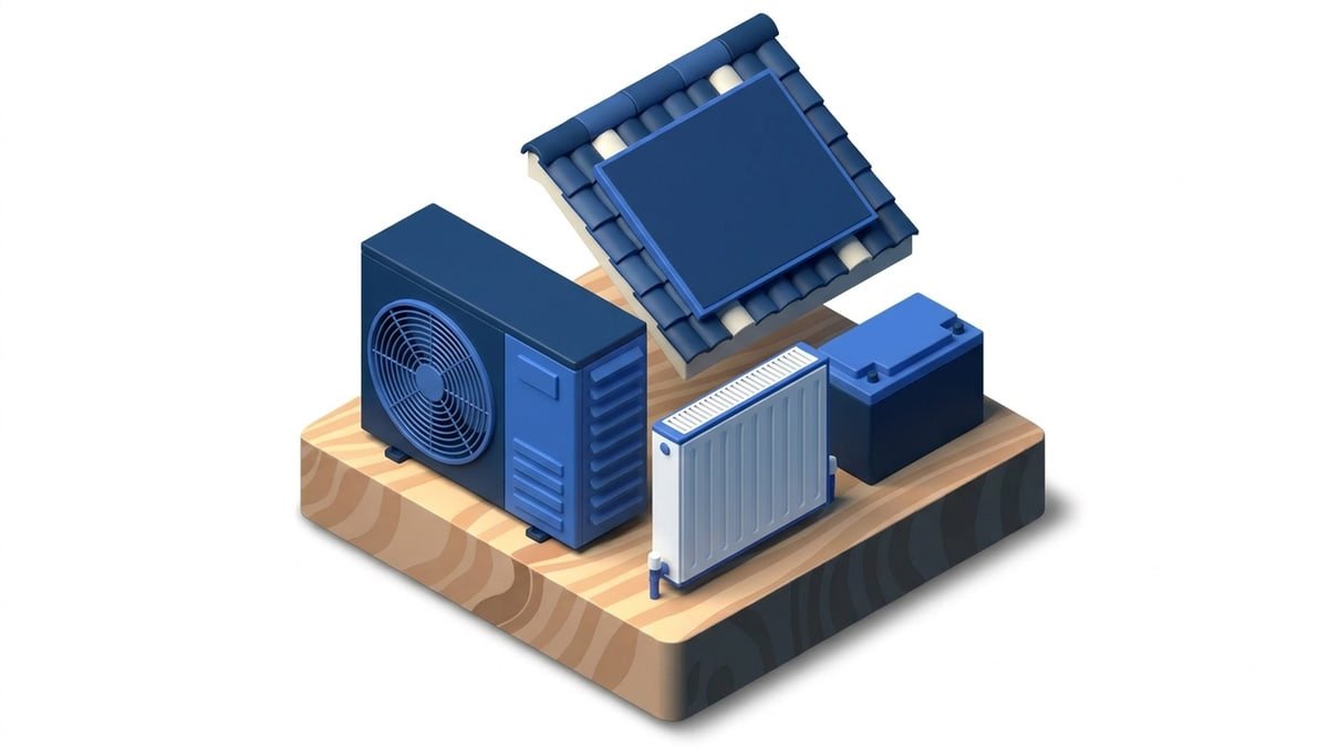 Illustration: Heat pump next to a classic radiator, behind it a solar panel and a home battery