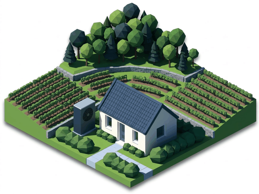 Isometric illustration: detached house with a heat pump at the foot of the Leithagebirge