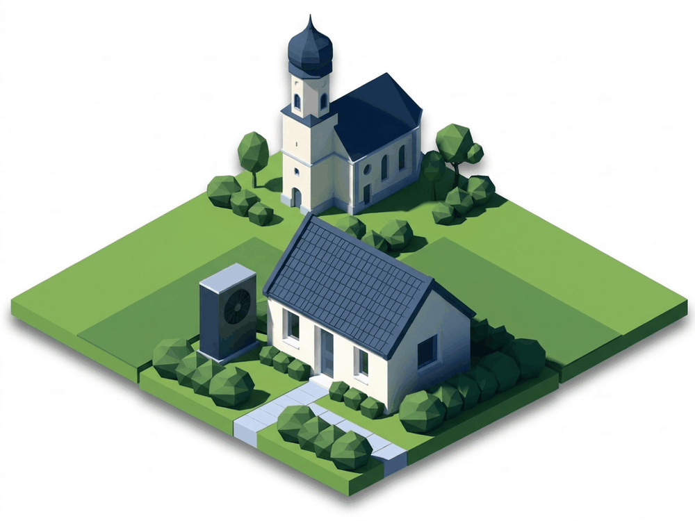 Ilustracja izometryczna: dom jednorodzinny z pompą ciepła w Maria-Lanzendorf