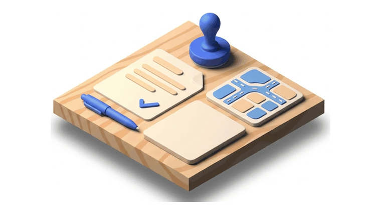 Illustration: Bauunterlagen mit Stempel und Lageplan