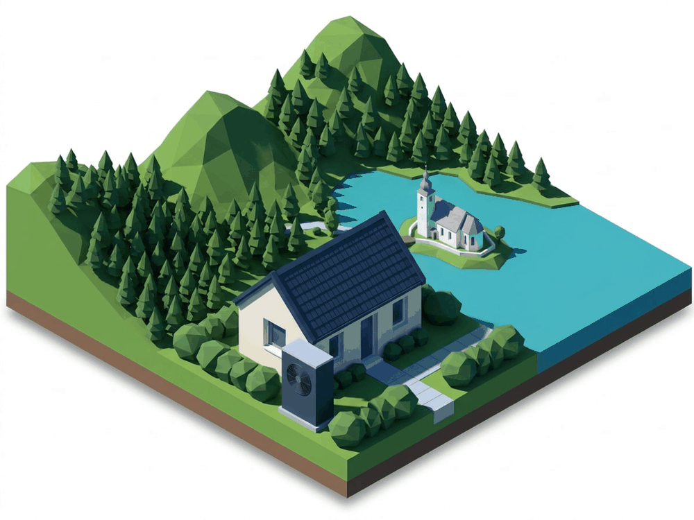 Isometric illustration: detached house with a heat pump in front of a landmark of Carinthia