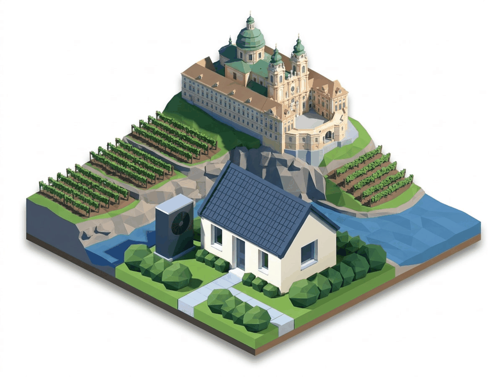 Isometric illustration: detached house with a heat pump in front of a landmark of Lower Austria