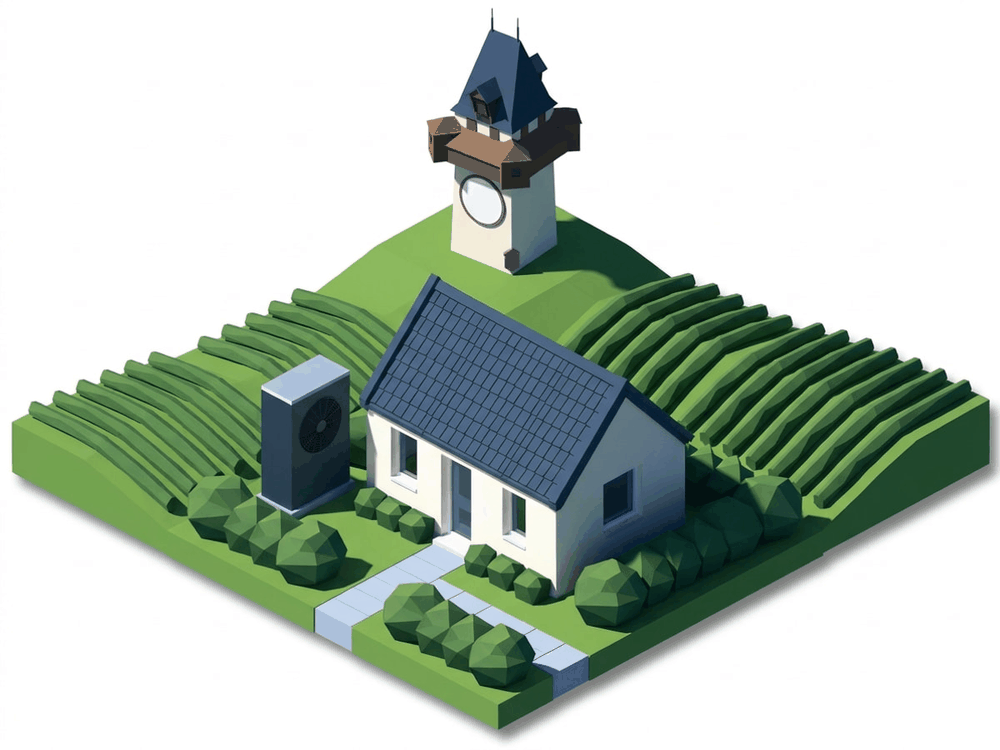 Ilustracja izometryczna: dom jednorodzinny z pompą ciepła na tle punktu orientacyjnego Styrii