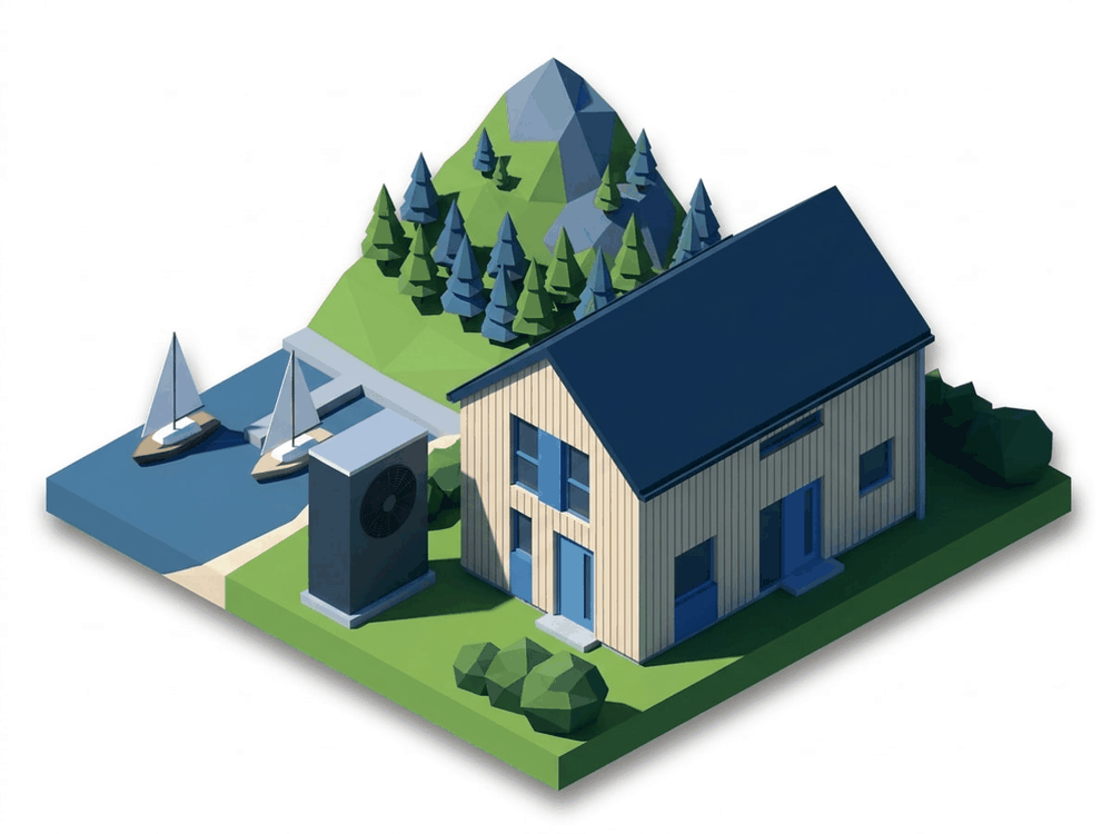 Isometric illustration: detached house with a heat pump in front of a landmark of Vorarlberg