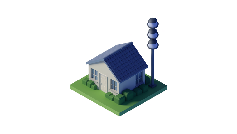Isometrische Darstellung eines Hauses neben einer Ampelsäule